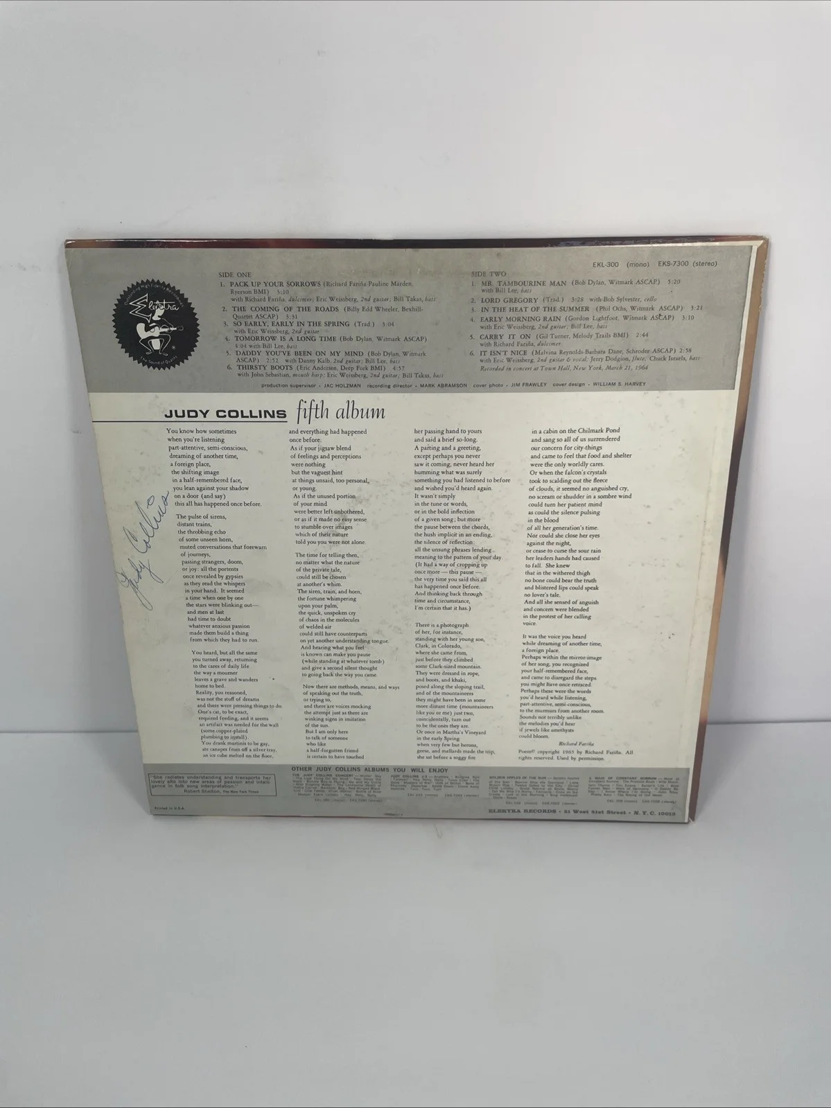 JUDY COLLINS SIGNED AUTOGRAPHED EARLY SIGNITURE "FIFTH ALBUM" VINYL RECORD, изображение 2