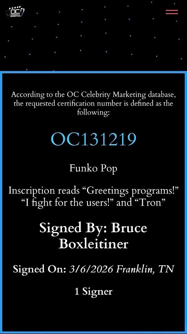 Bruce Boxleitner signed "Tron" Funko#489 w/2 quotes&char name-OC Celebrity Mtkg, изображение 5