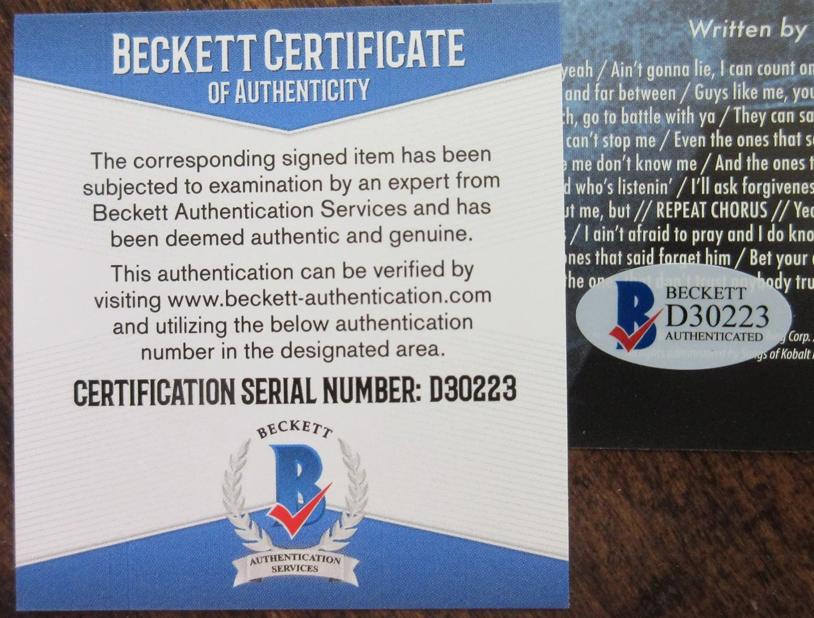 Brantley Gilbert Signed CD Booklet - Beckett BAS, image 2