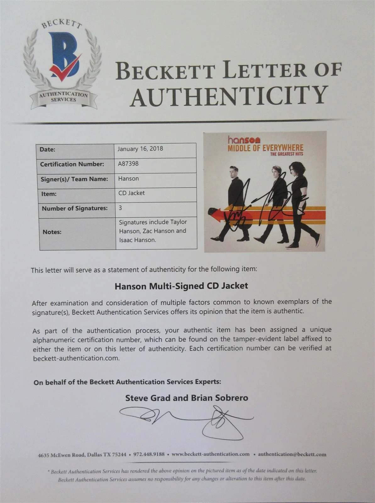 Hanson Signed by 3 CD Booklet - Beckett BAS, image 2