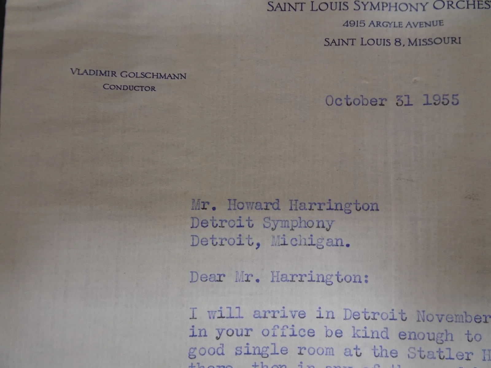 Vladimir Golschmann — Vladimir Golschmann Conductor Autograph Letter Symphony Manager 10/31/1955, изображение 3