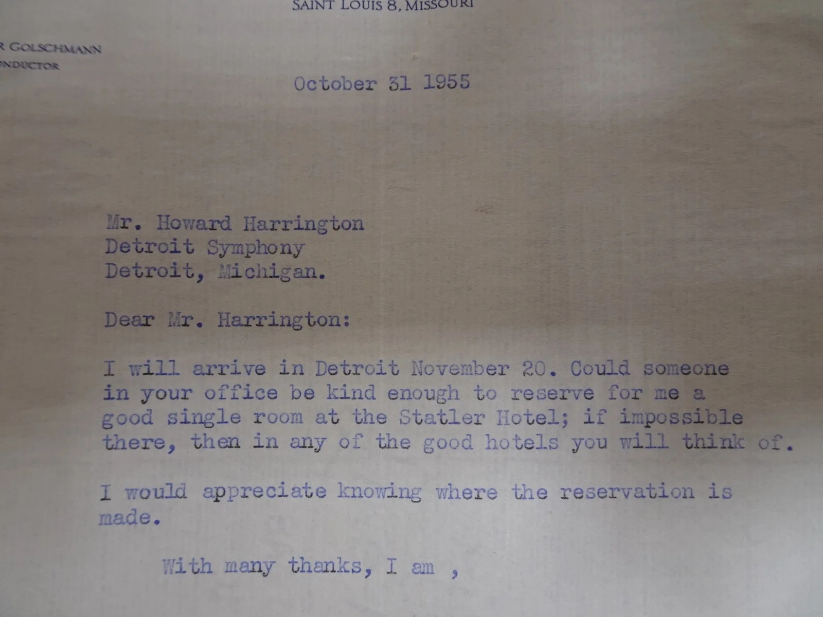 Vladimir Golschmann — Vladimir Golschmann Conductor Autograph Letter Symphony Manager 10/31/1955, изображение 4