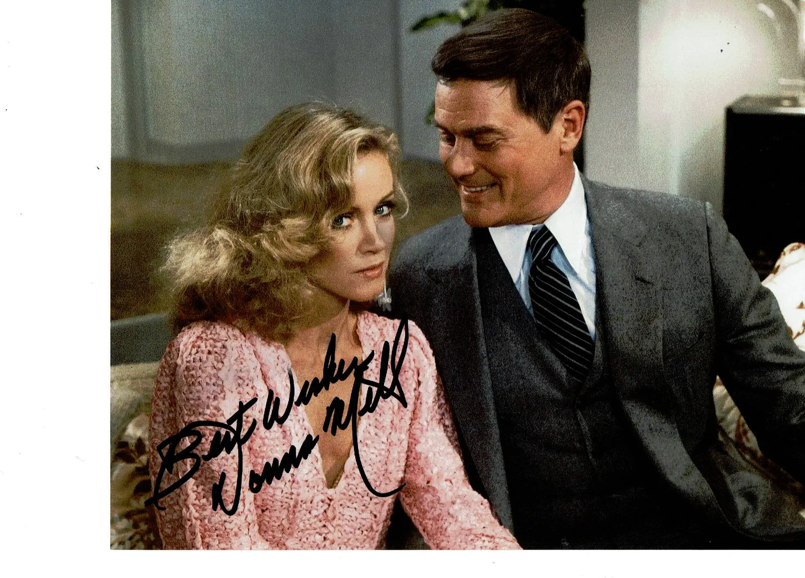 Donna Mills — Knots Landing Donna Mills autographed 8x10 color photo with Larry Hagman