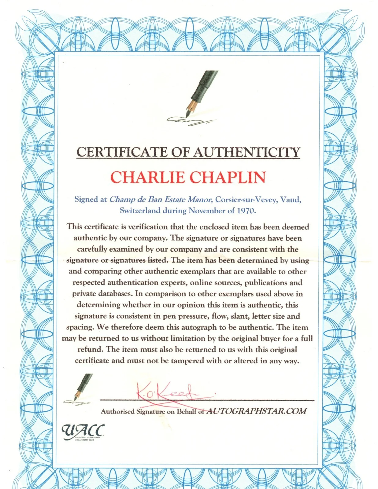 Charlie Chaplin — Charlie Chaplin Hand Signed 8x10 from 1961 Days of Thrills and Laughter w/ COA, изображение 3
