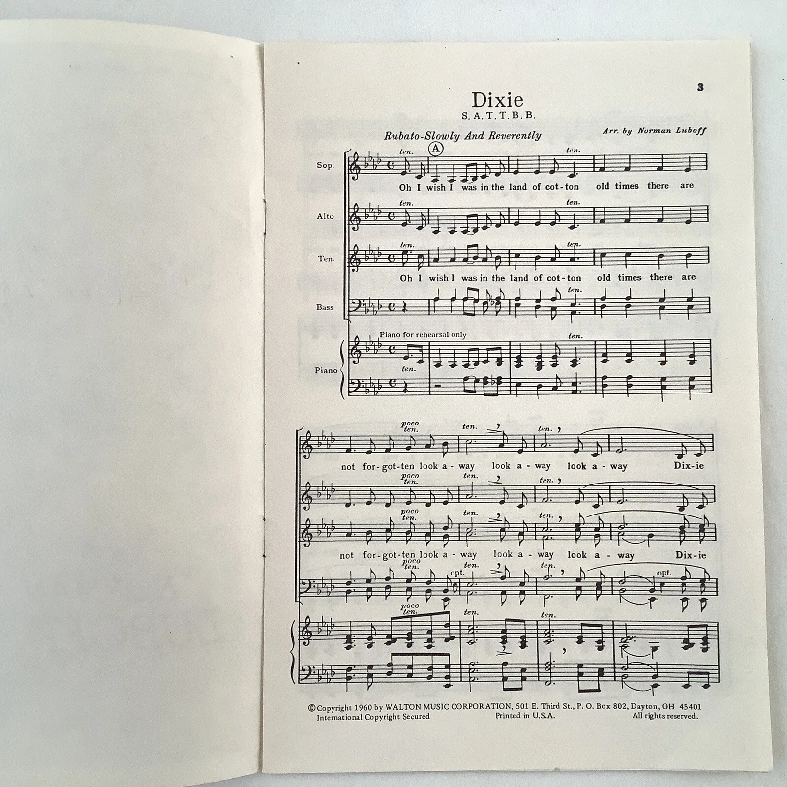 Norman Luboff Signed DIXIE Sheet Music 1960 Autograph No. W3004, изображение 4