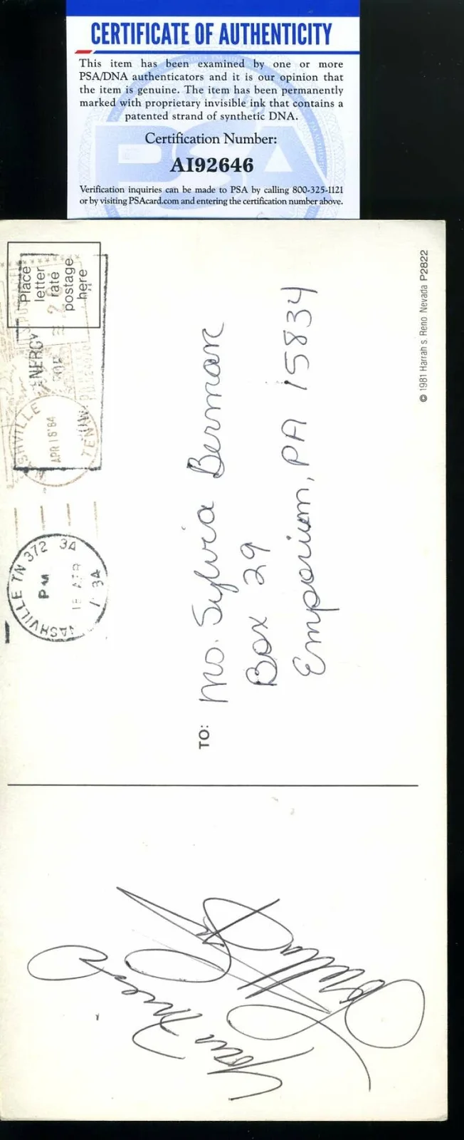 Loretta Lynn — Loretta Lynn PSA DNA Coa Signed 1984 Postcard Autograph