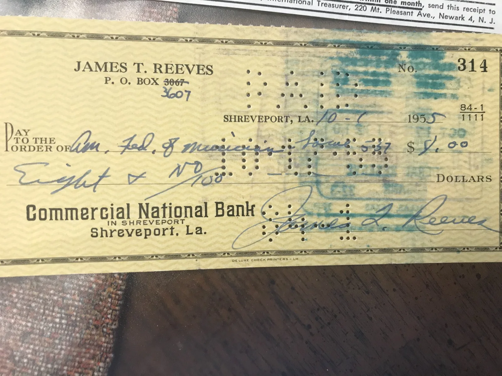 Jim Reeves — JIM REEVES Signed cancel check American Fed Musicians Receipt 1955 Silver Spur, image 2