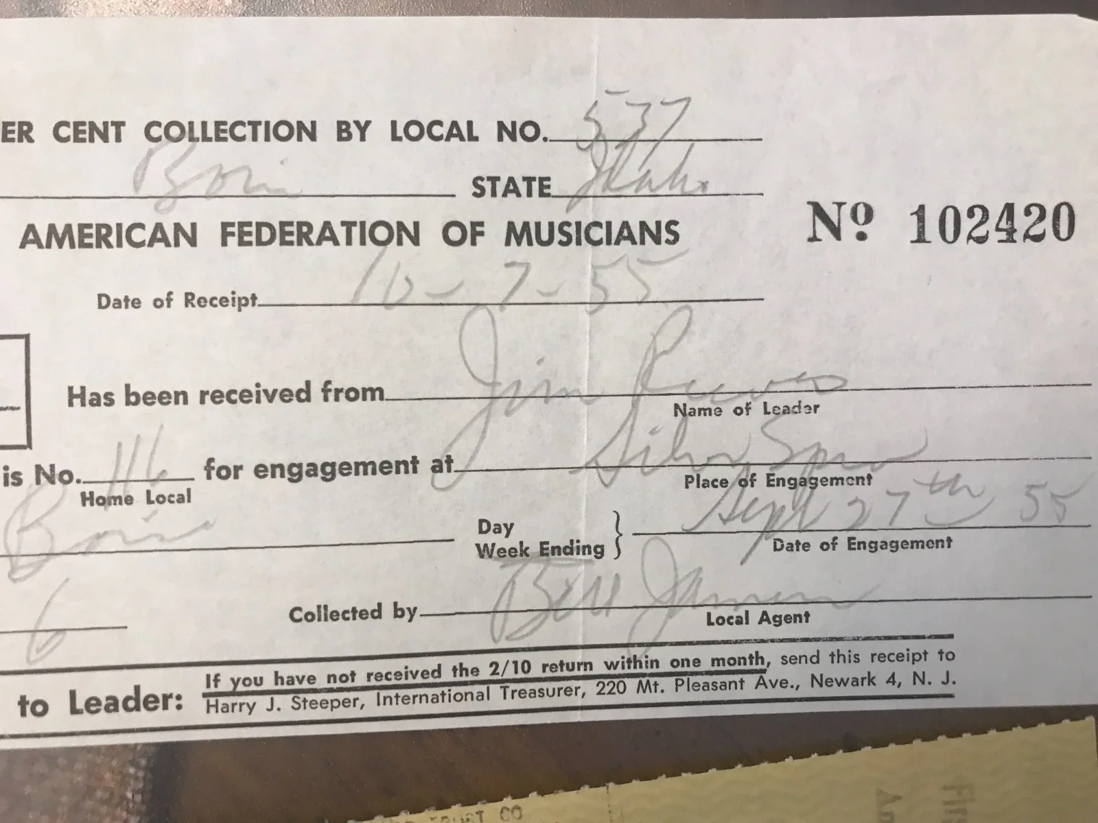 Jim Reeves — JIM REEVES Signed cancel check American Fed Musicians Receipt 1955 Silver Spur, image 5