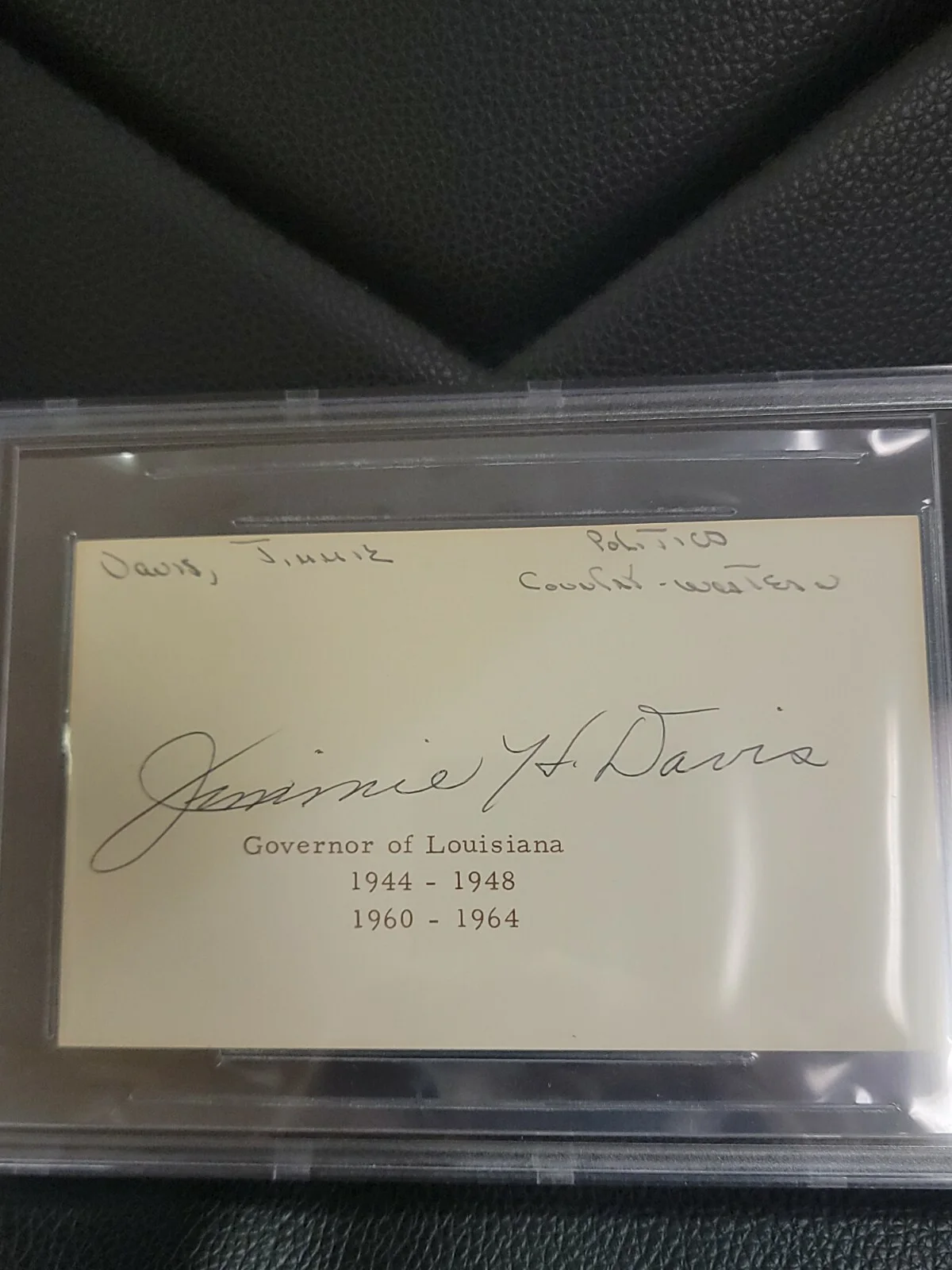 Jimmie Davis Autograph Louisiana Governor Index card Beckett Certified, image 2