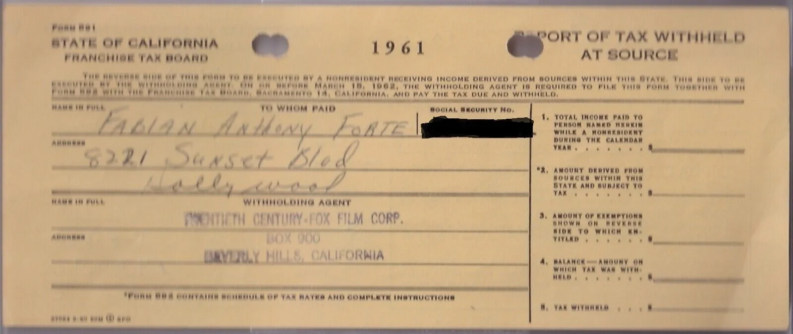 Fabian — BECKETT TEEN IDOL FABIAN (FORTE) SIGNED 1961 20TH CENTURY FOX TAX FORM 14334438, изображение 2