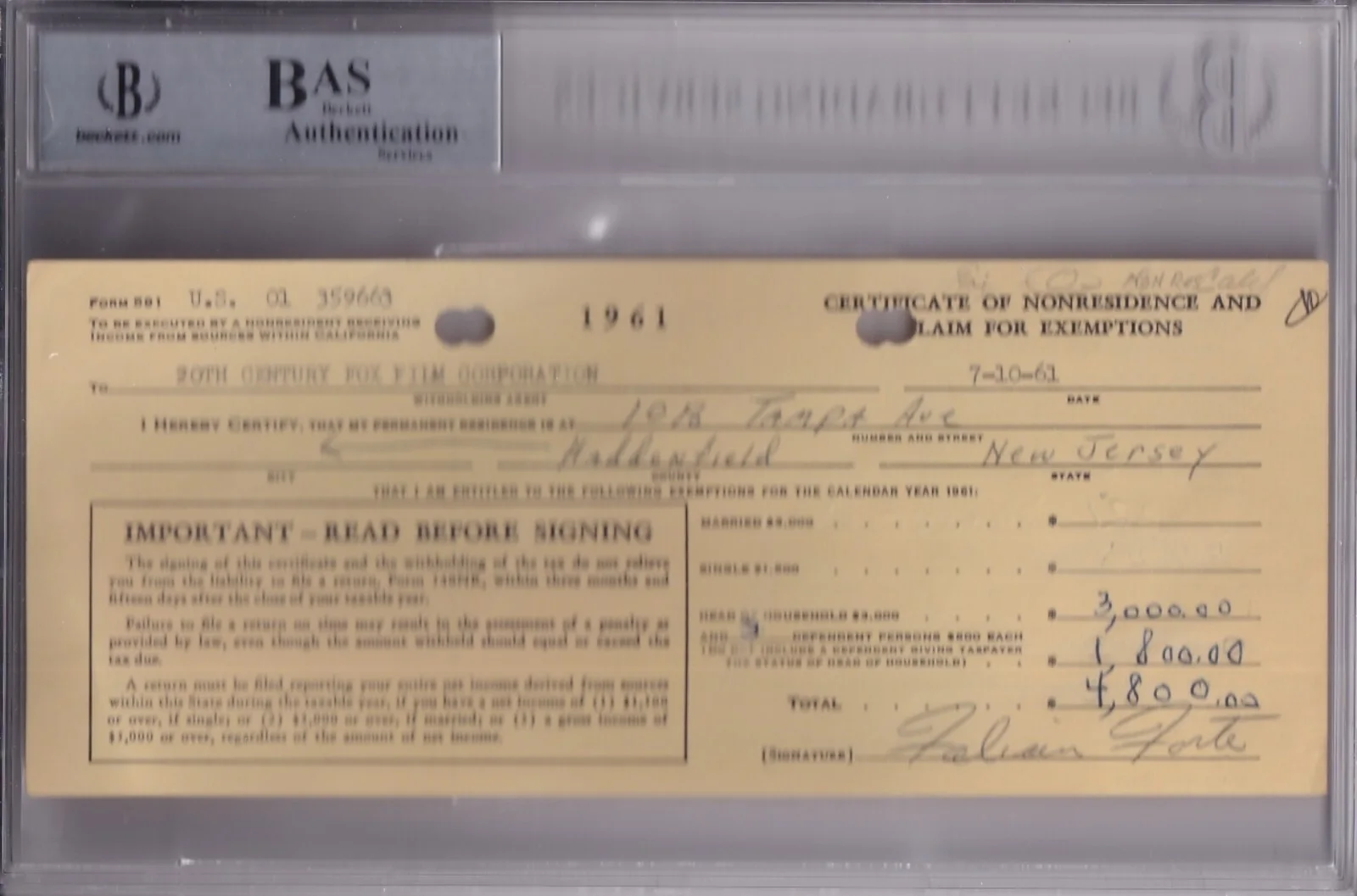 Fabian — BECKETT TEEN IDOL FABIAN (FORTE) SIGNED 1961 20TH CENTURY FOX TAX FORM 14334438, изображение 4