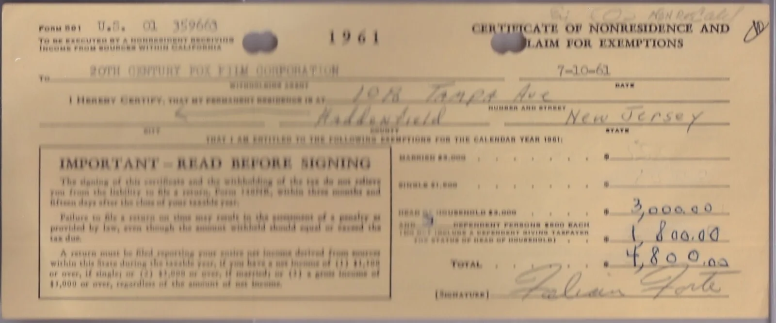 Fabian — BECKETT TEEN IDOL FABIAN (FORTE) SIGNED 1961 20TH CENTURY FOX TAX FORM 14334438, изображение 5