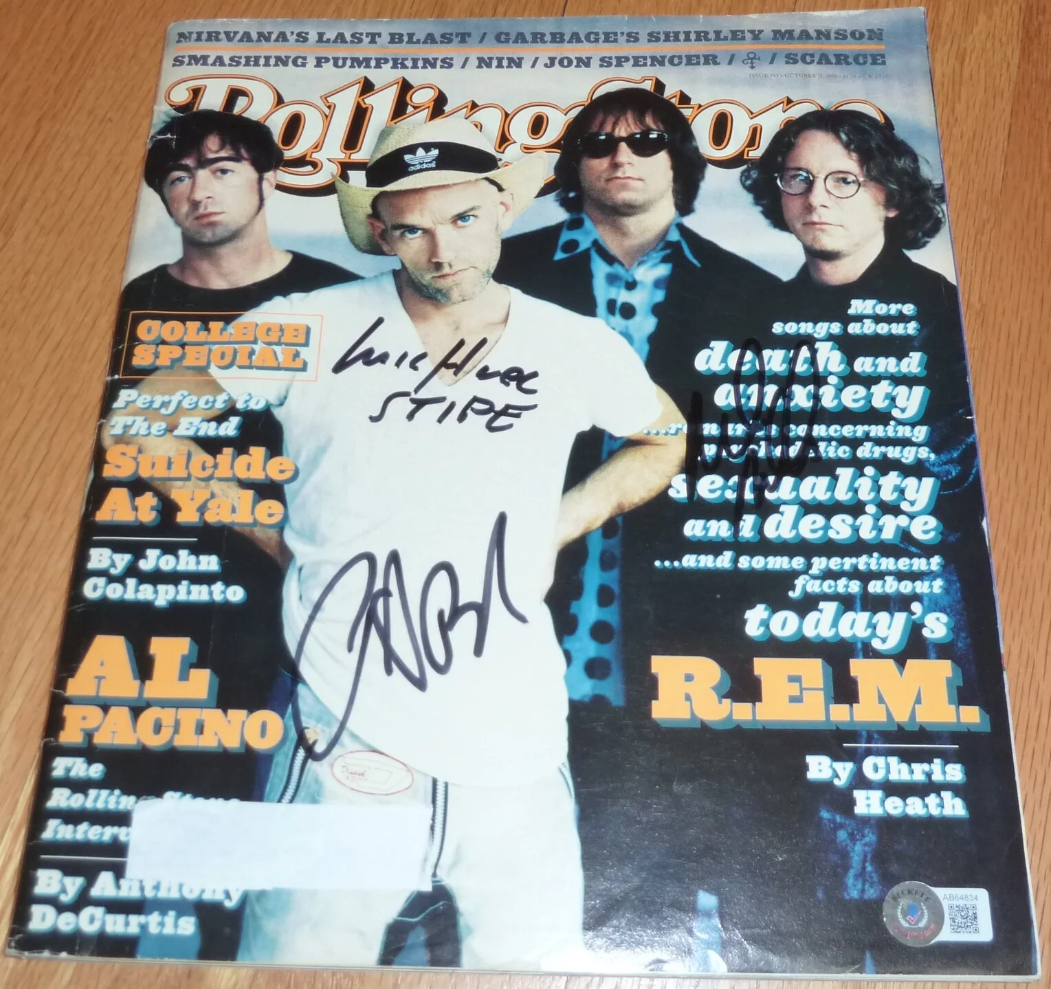 BECKETT REM MICHAEL STIPE-PETER BUCK-MIKE MILLS SIGNED ROLLING STONE MAGAZINE 34, image 2