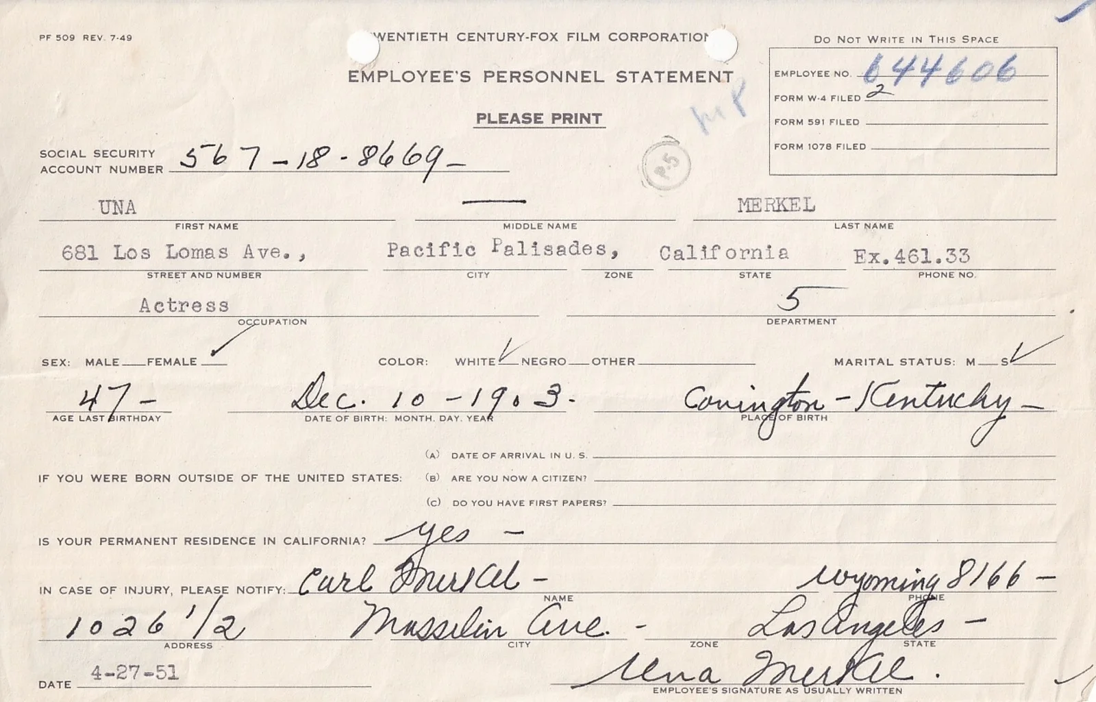 Una Merkel — BECKETT HOLLYWOOD LEGEND UNA MERKEL SIGNED 1951 TWENTIETH CENTURY FOX FORM 47900