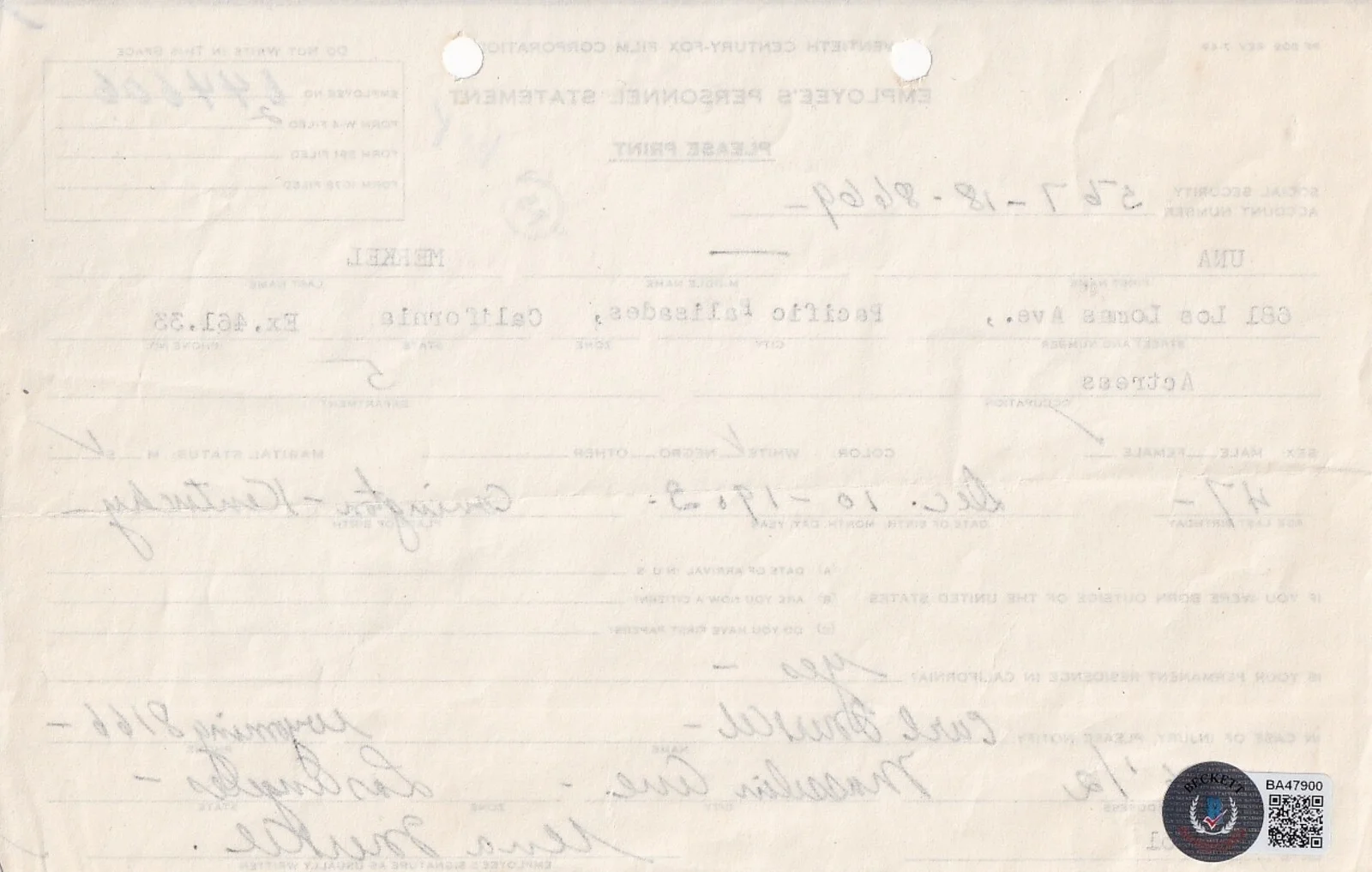 Una Merkel — BECKETT HOLLYWOOD LEGEND UNA MERKEL SIGNED 1951 TWENTIETH CENTURY FOX FORM 47900, image 3