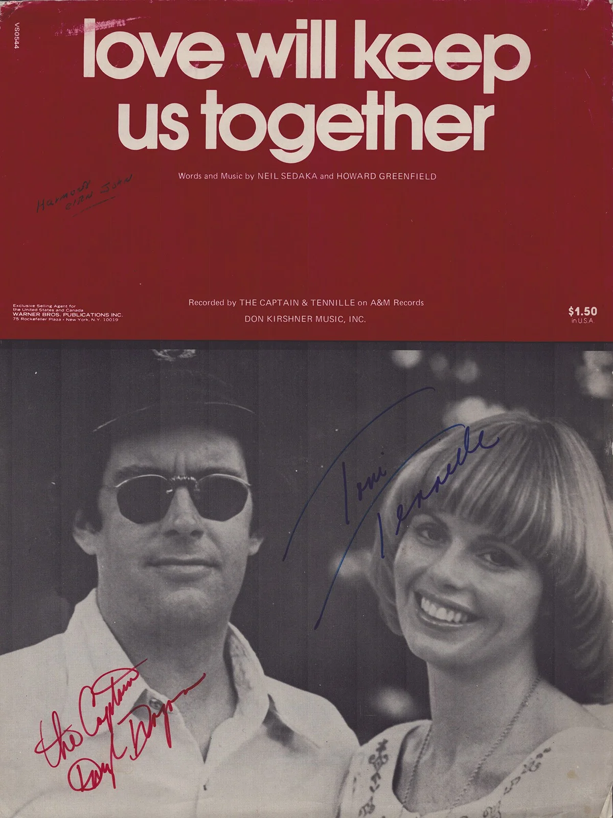 Captain & Tennille, Toni Tennille, Daryl Dragon — & TENNILLE - SHEET MUSIC SIGNED WITH CO-SIGNERS