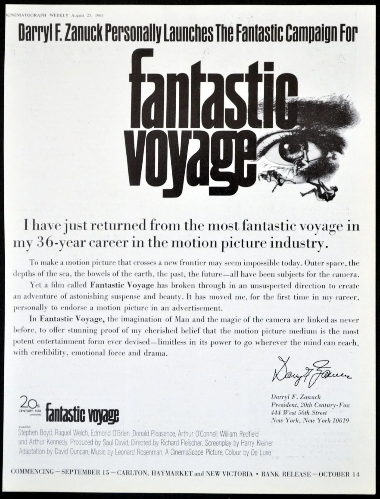 FANTASTIC VOYAGE 1966 Stephen Boyd, Raquel Welch, Edmond O'Brien TRADE ADVERTS, image 2