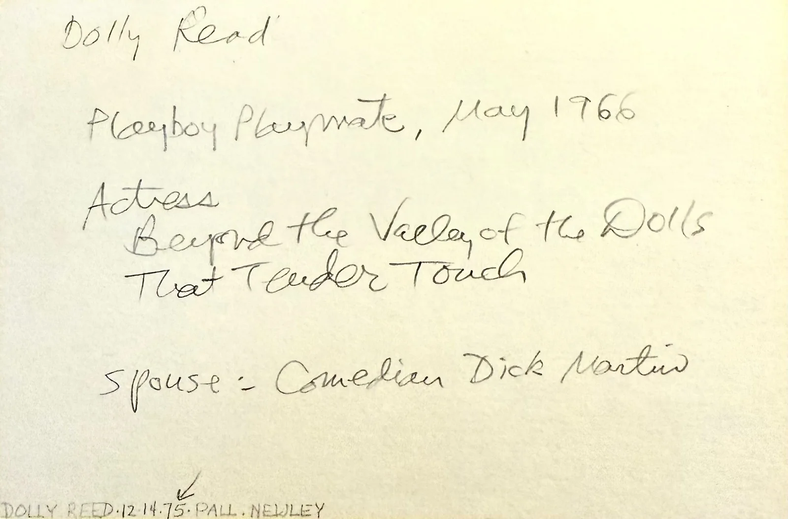 Dolly Read — DOLLY READ Signed Autographed 4"x 6" INDEX CARD Beyond the Valley of the Dolls, image 2
