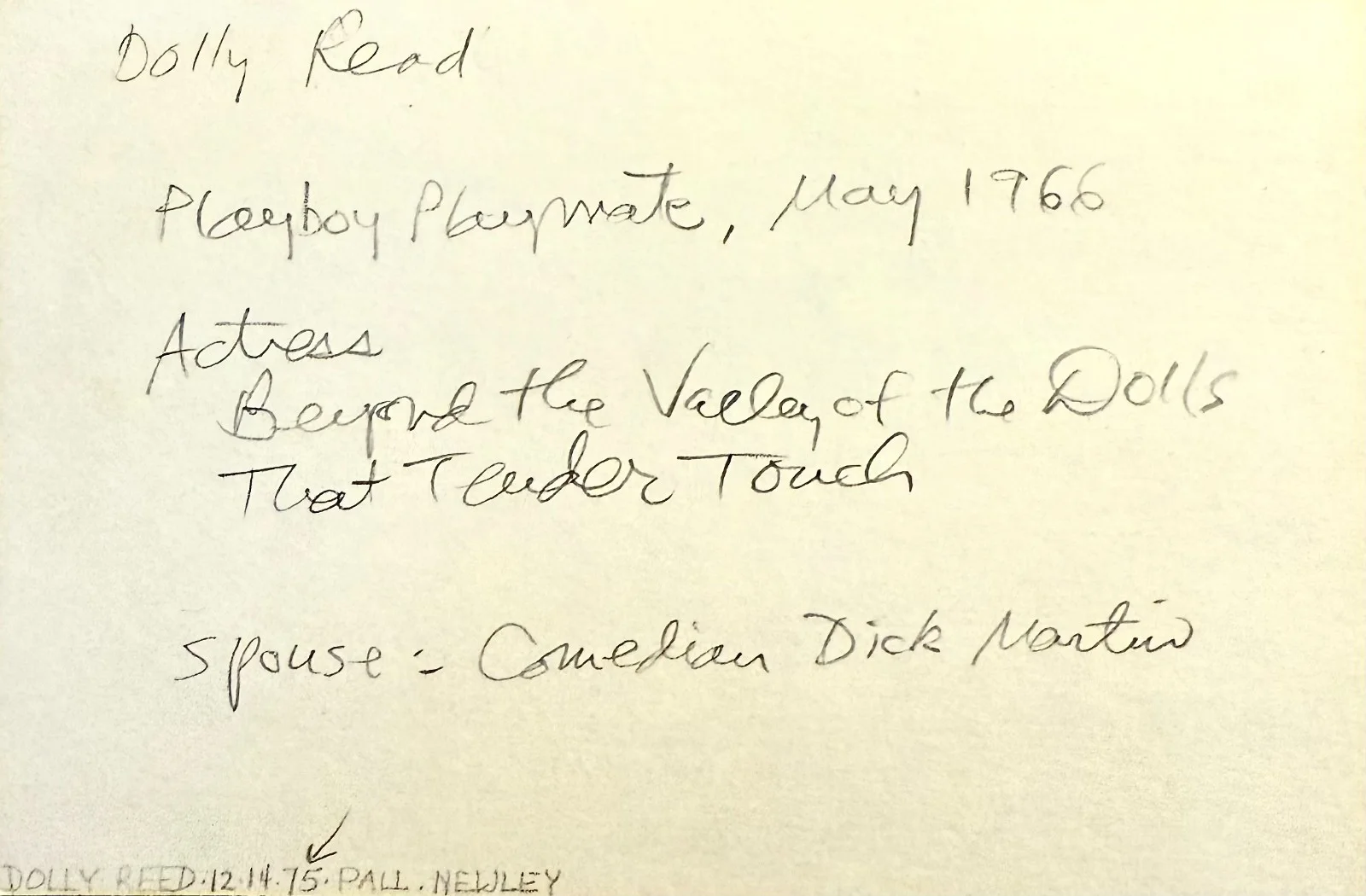 Dolly Read — DOLLY READ Signed Autographed 4"x 6" INDEX CARD Beyond the Valley of the Dolls, image 4