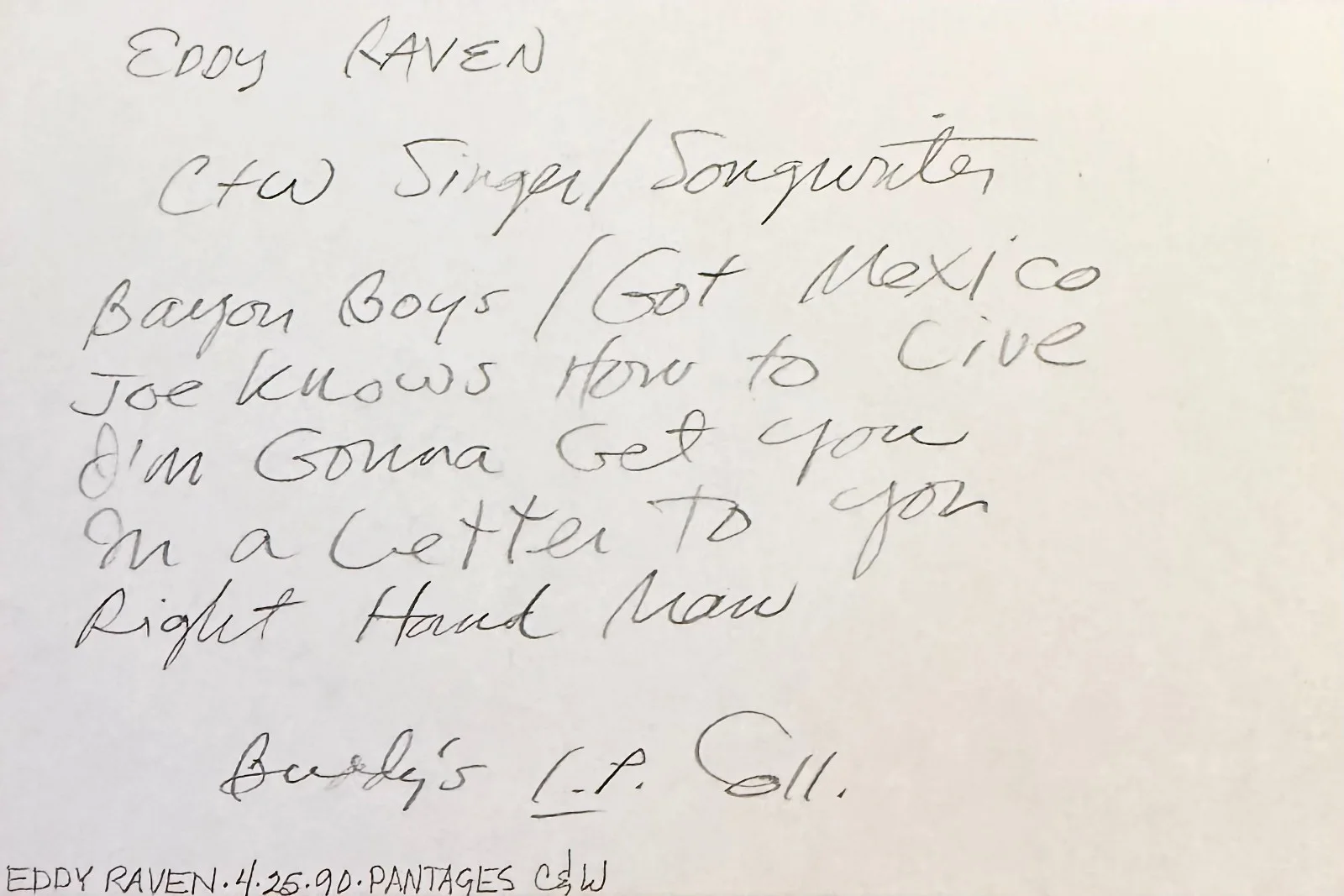 EDDY RAVEN Signed Autographed 4"x 6" INDEX CARD I've Got Mexico COUNTRY MUSIC, image 2