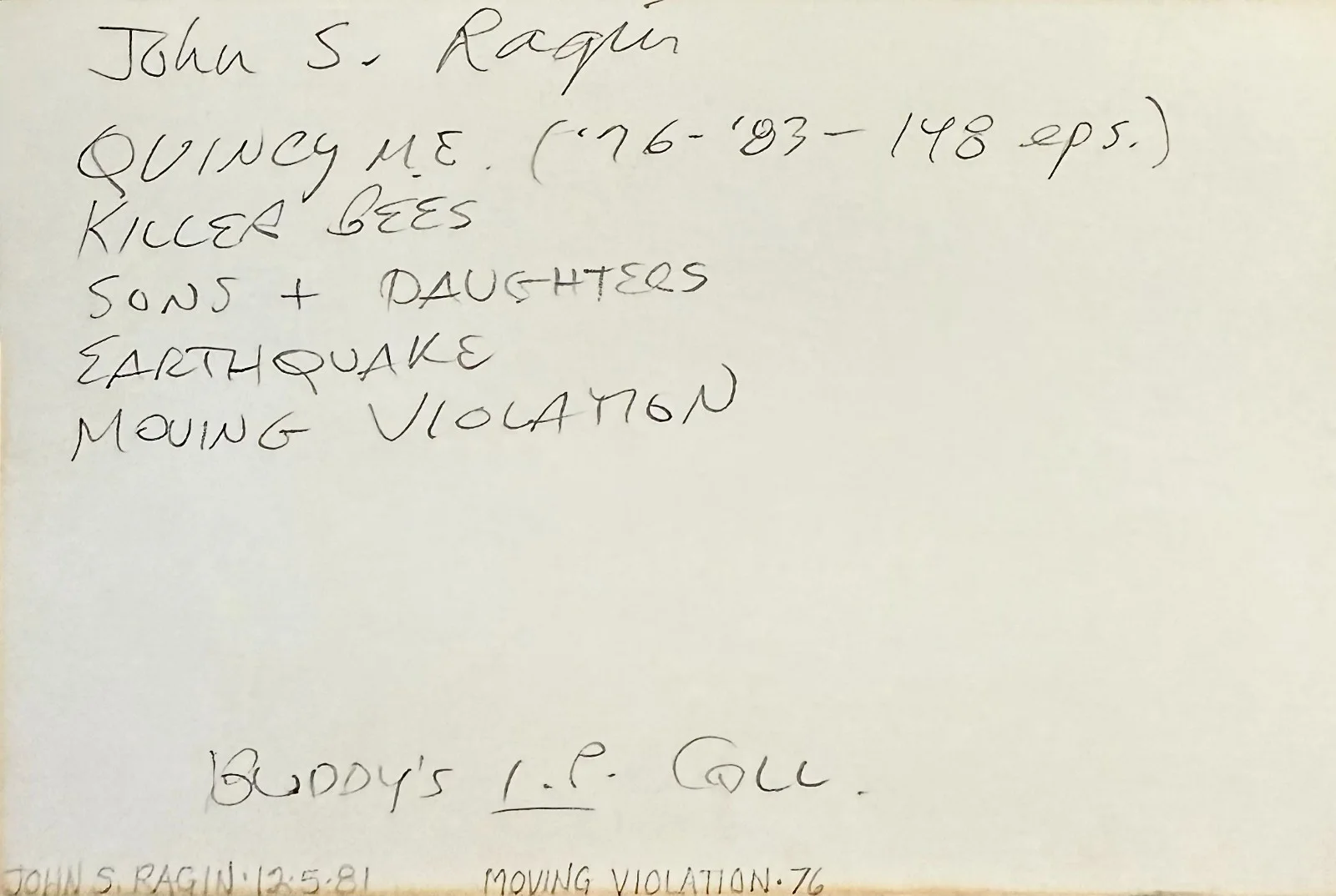 John S. Ragin — JOHN S. RAGIN Signed Autographed 4x6 INDEX CARD Dr. Asten QUINCY M.E. STAR TREK, image 2