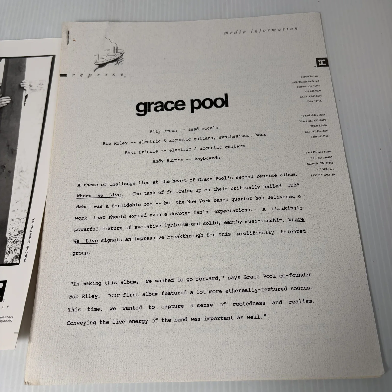 Grace Pool Band 1990 Reprise Records Press Photo & Media Information Sheet Rock, изображение 3