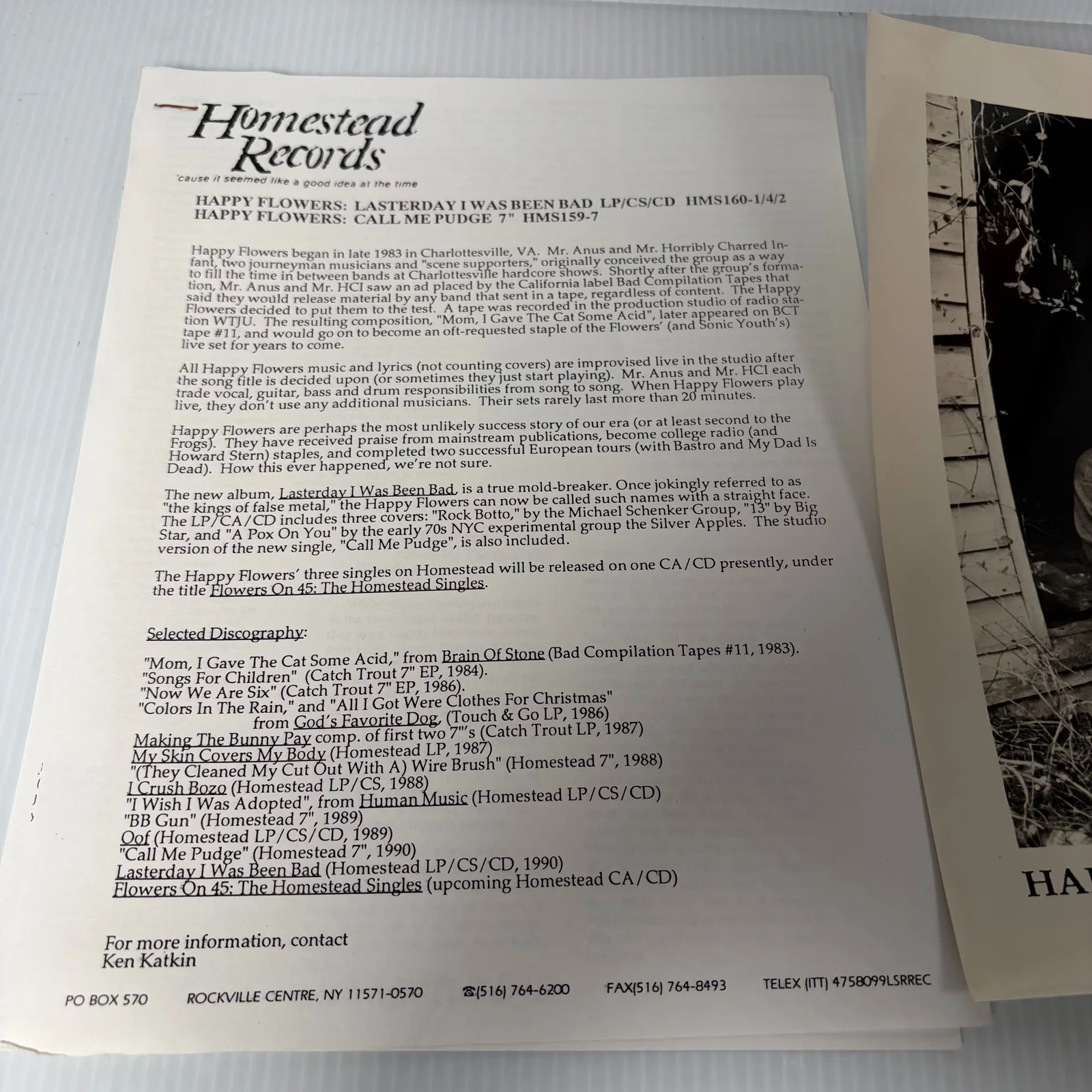 Happy Flowers Homestead Records Original Press Kit Photo 8x10 Rock & Pop Music, изображение 3