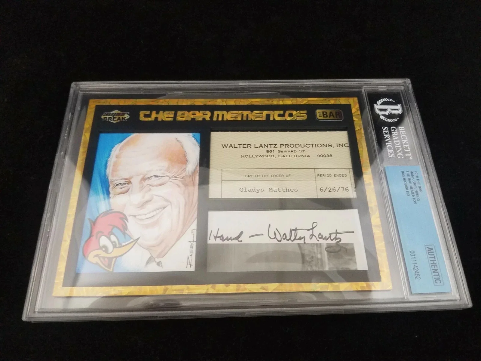 Walter Lantz — The Bar Mementos Walter Lantz Signed Auto Woody Woodpecker BAS BECKETT BGS