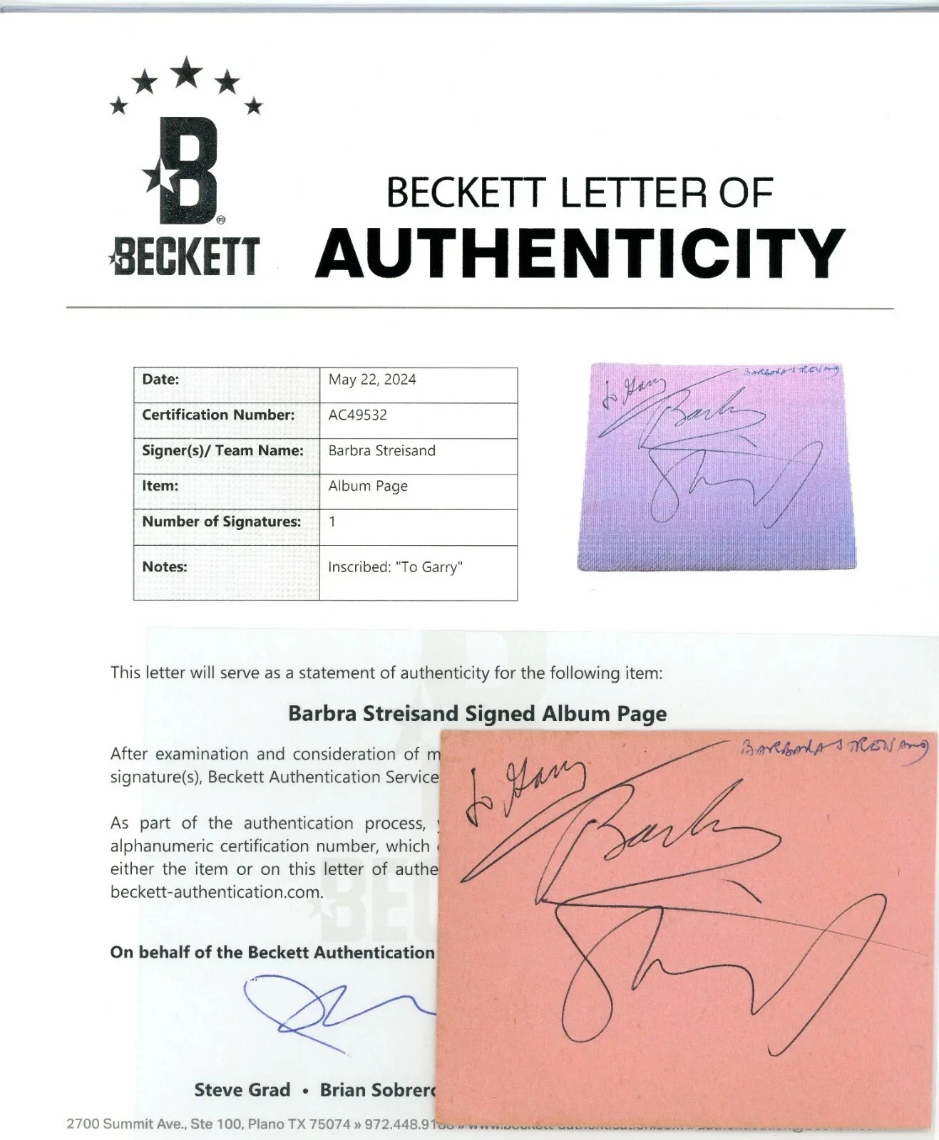 Barbra Streisand — Barbra Streisand Signed Autographed Album Page BECKETT BAS LOA 2
