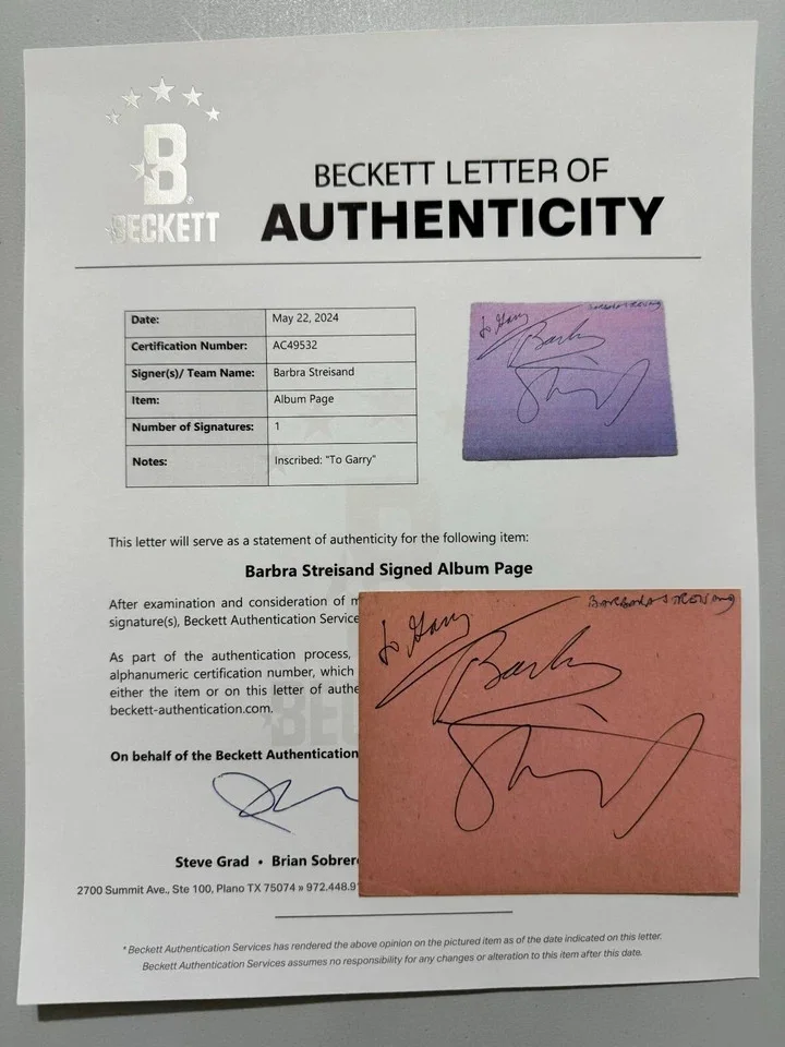Barbra Streisand — Barbra Streisand Signed Autographed Album Page BECKETT BAS LOA 2, изображение 2