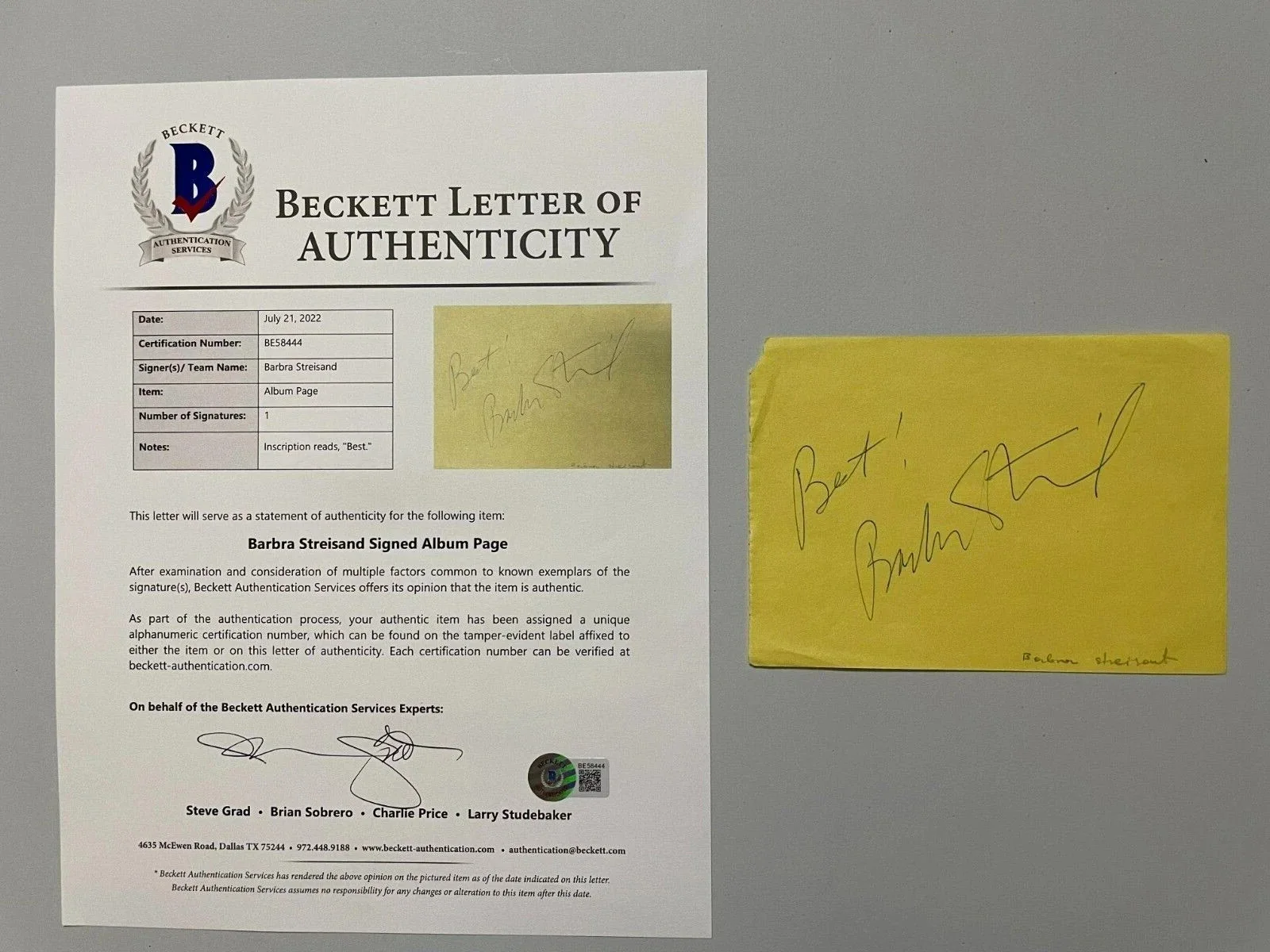Barbra Streisand — Barbra Streisand Signed Autographed Album Page BAS BECKETT LOA