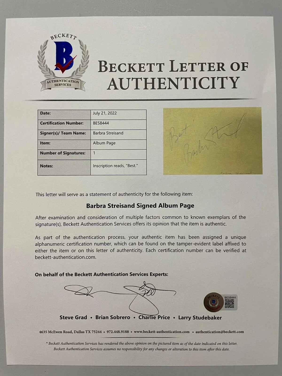 Barbra Streisand — Barbra Streisand Signed Autographed Album Page BAS BECKETT LOA, изображение 2