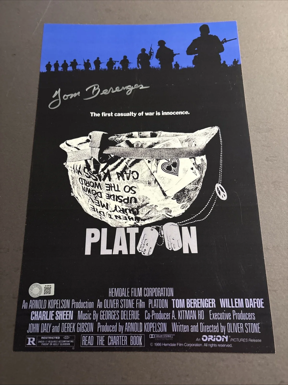 Tom Berenger — Tom Berenger Autographed Signed 11X17 Platoon Movie Poster -Schwartz Hologram