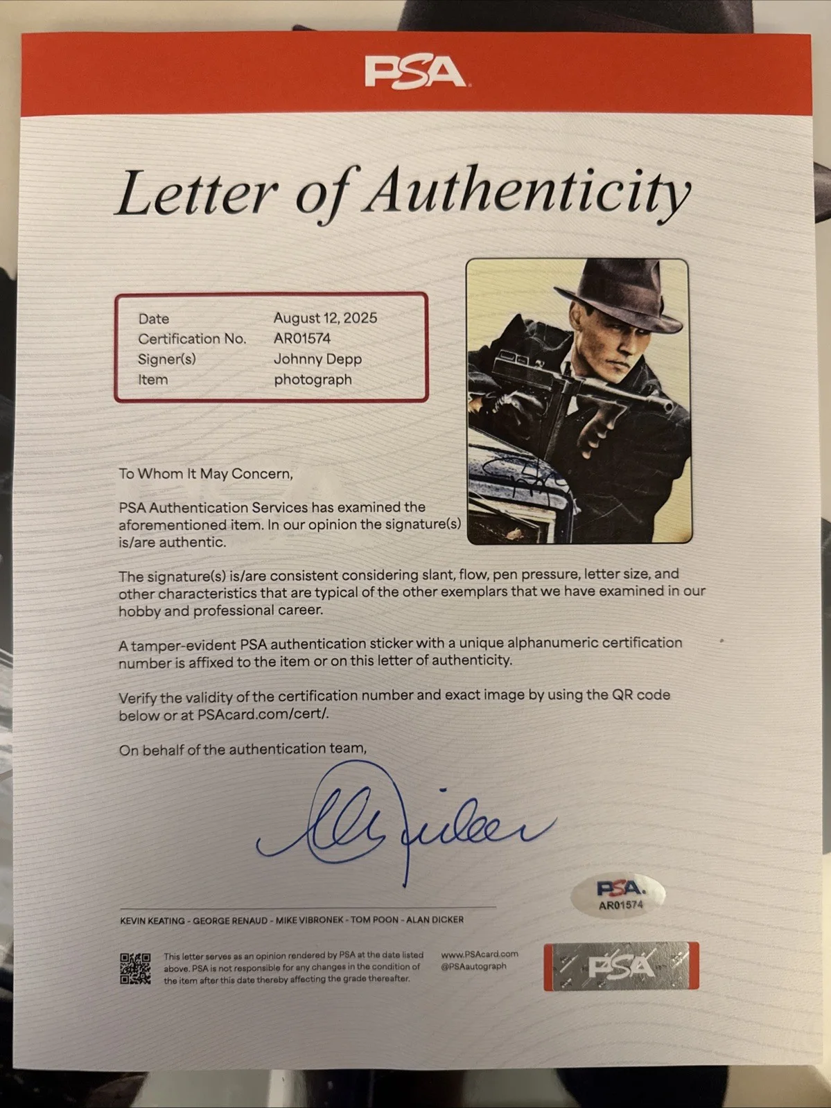 JOHNNY DEPP Signed 11x14 “Public Enemies” Photo Framed Matte PSA Letter COA, изображение 4