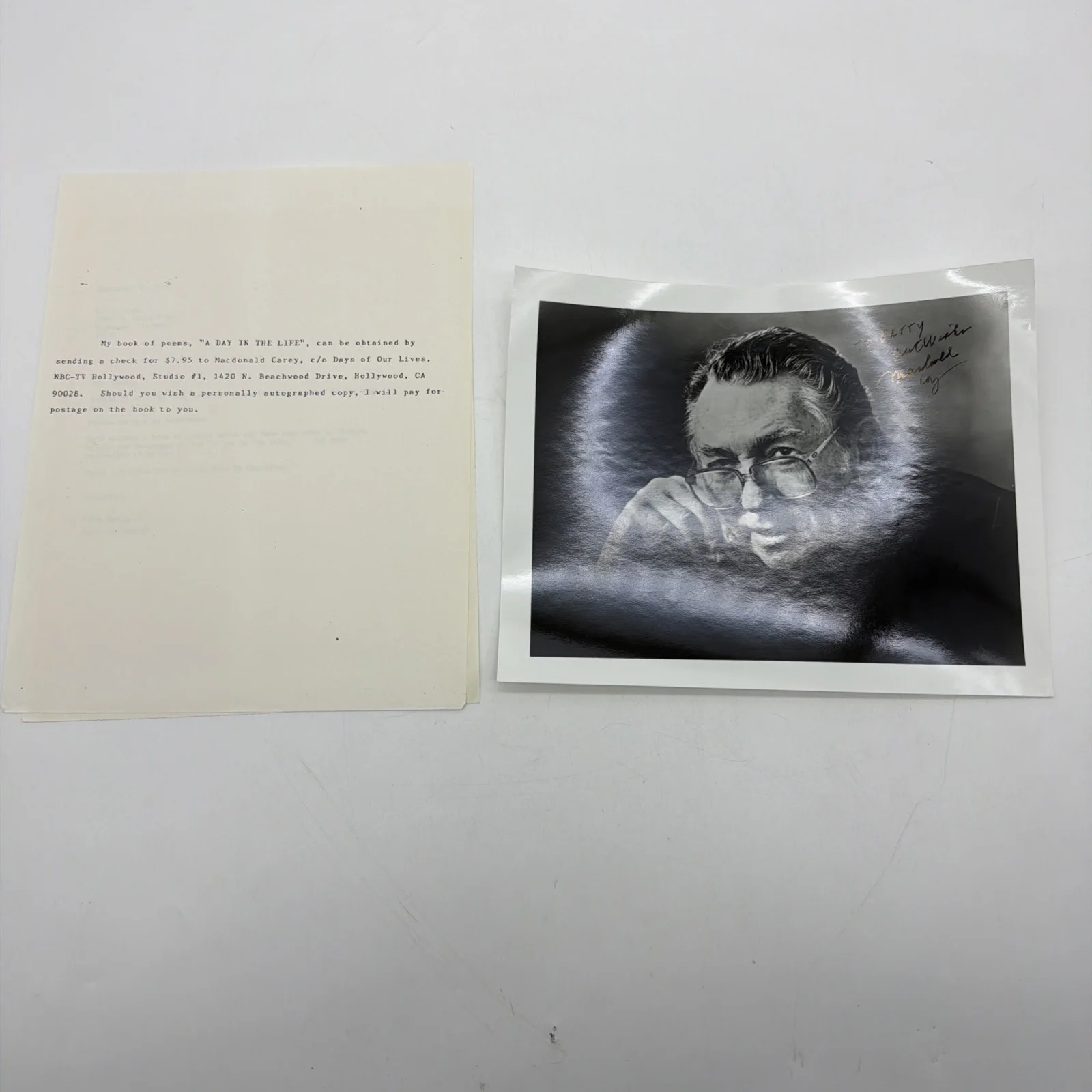 Macdonald Carey — MACDONALD CAREY Signed Autographed 8" x 10" PHOTO and LETTER A Day In The Life