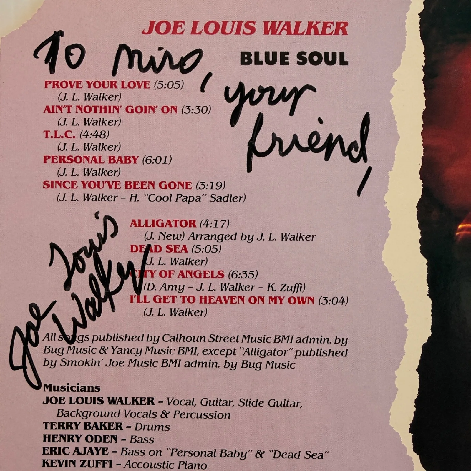 AUTOGRAPHED Joe Louis Walker "BLUE SOUL" Hightone 8019 TO MIRO usa vinyl NM, изображение 3