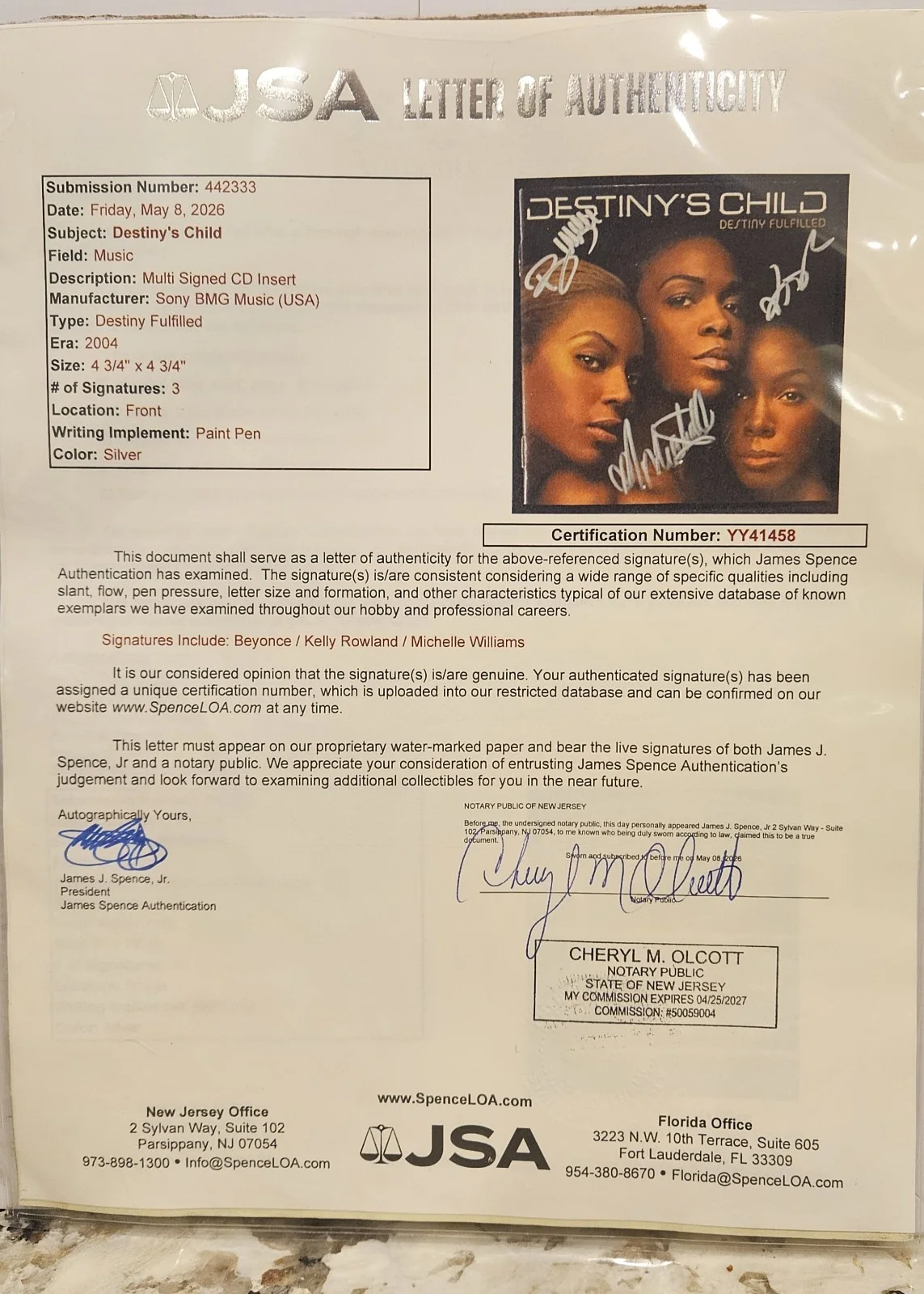 Beyonce Knowles, Kelly Rowland, Michelle Williams — Destiny's Child ALL Signed Destiny Fulfilled JSA Authenticated Beyoncé, KR, & MW, изображение 2