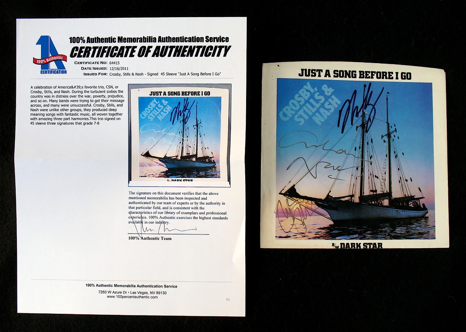 DAVID CROSBY, STILLS + NASH~Signed JUST A SONG BEFORE I GO Picture Sleeve w/COA, изображение 5