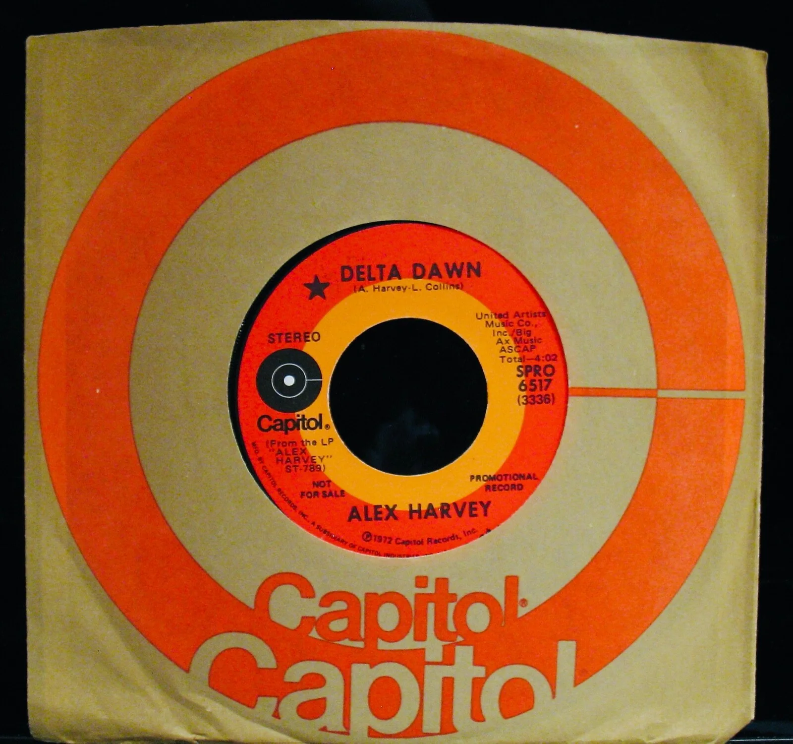 ALEX HARVEY~Autographed DELTA DAWN Sleeve+45✦ N Mint Promo 45~CAPITOL #PRO 6508, изображение 2