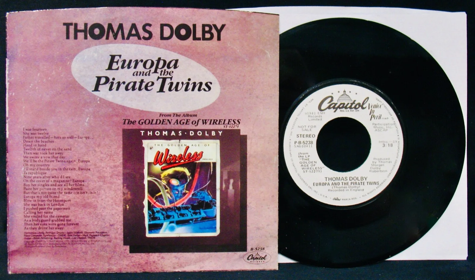 THOMAS DOLBY•Signed EUROPA & THE PIRATE TWINS Promo Picture Sleeve+45~Near Mint, изображение 2
