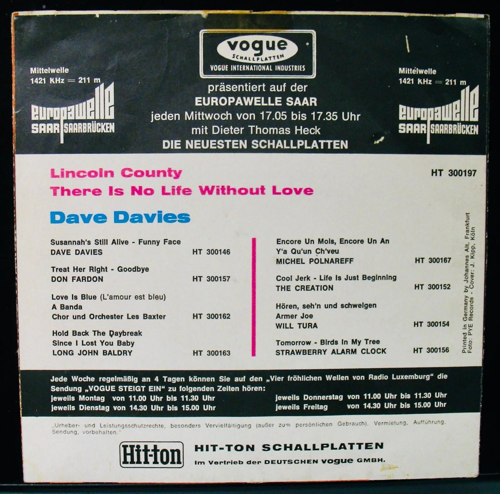 THE KINKS~DAVE DAVIES~Autographed LINCOLN COUNTY German Picture Sleeve~PYE, изображение 2