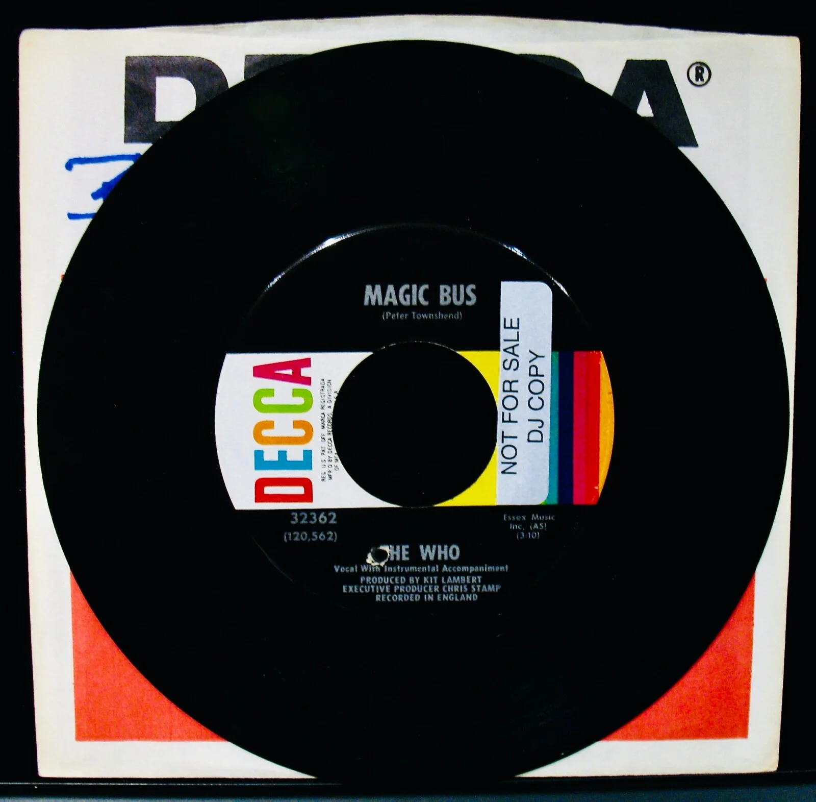 THE WHO~Pete Townshend Signed MAGIC BUS Promo Record Sleeve & 45 (N Mint)~DECCA, изображение 2