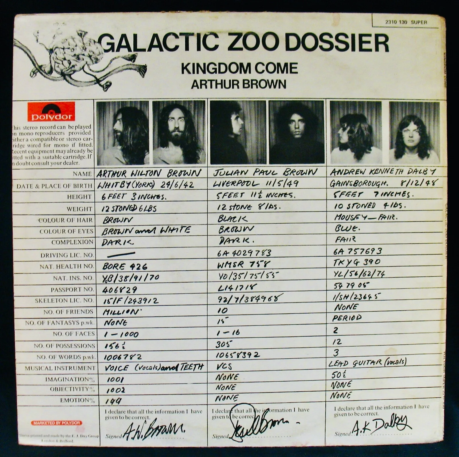 ARTHUR BROWN & RANDY CALIFORNIA Signed GALACTIC ZOO DOSSIER Album w/COA+Hologram, изображение 5