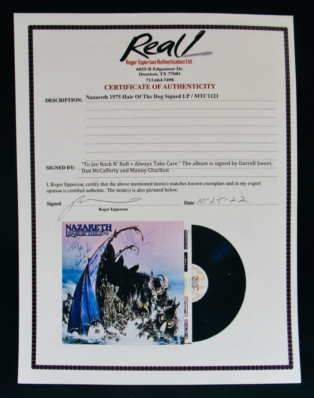 NAZARETH~Signed HAIR OF THE DOG By Dan, Manny & Darrell~With (Epperson-REAL) Coa, image 2