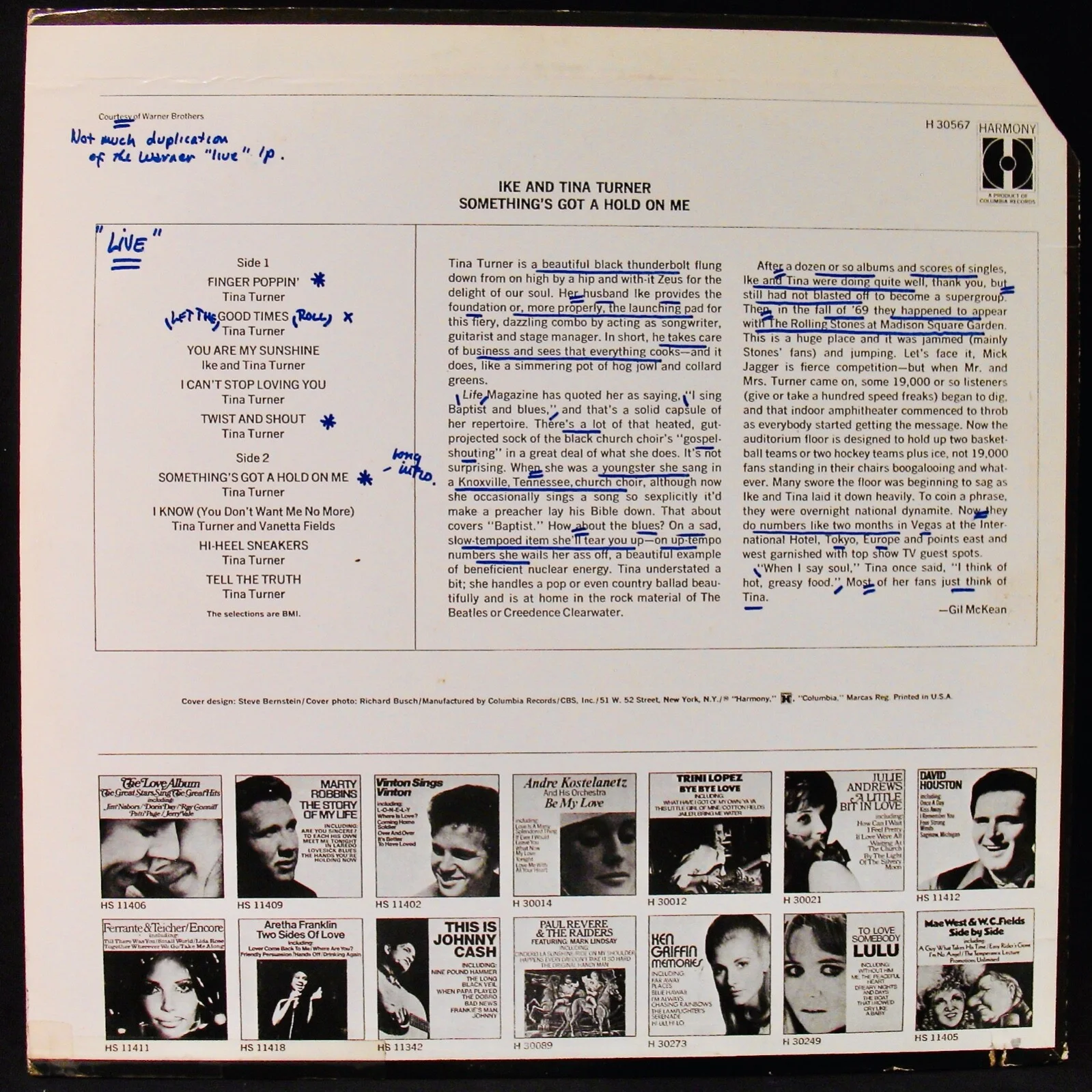 TINA TURNER~Signed SOMETHING'S GOT A HOLD ON ME Album~HARMONY #30567~Ike Turner, изображение 3