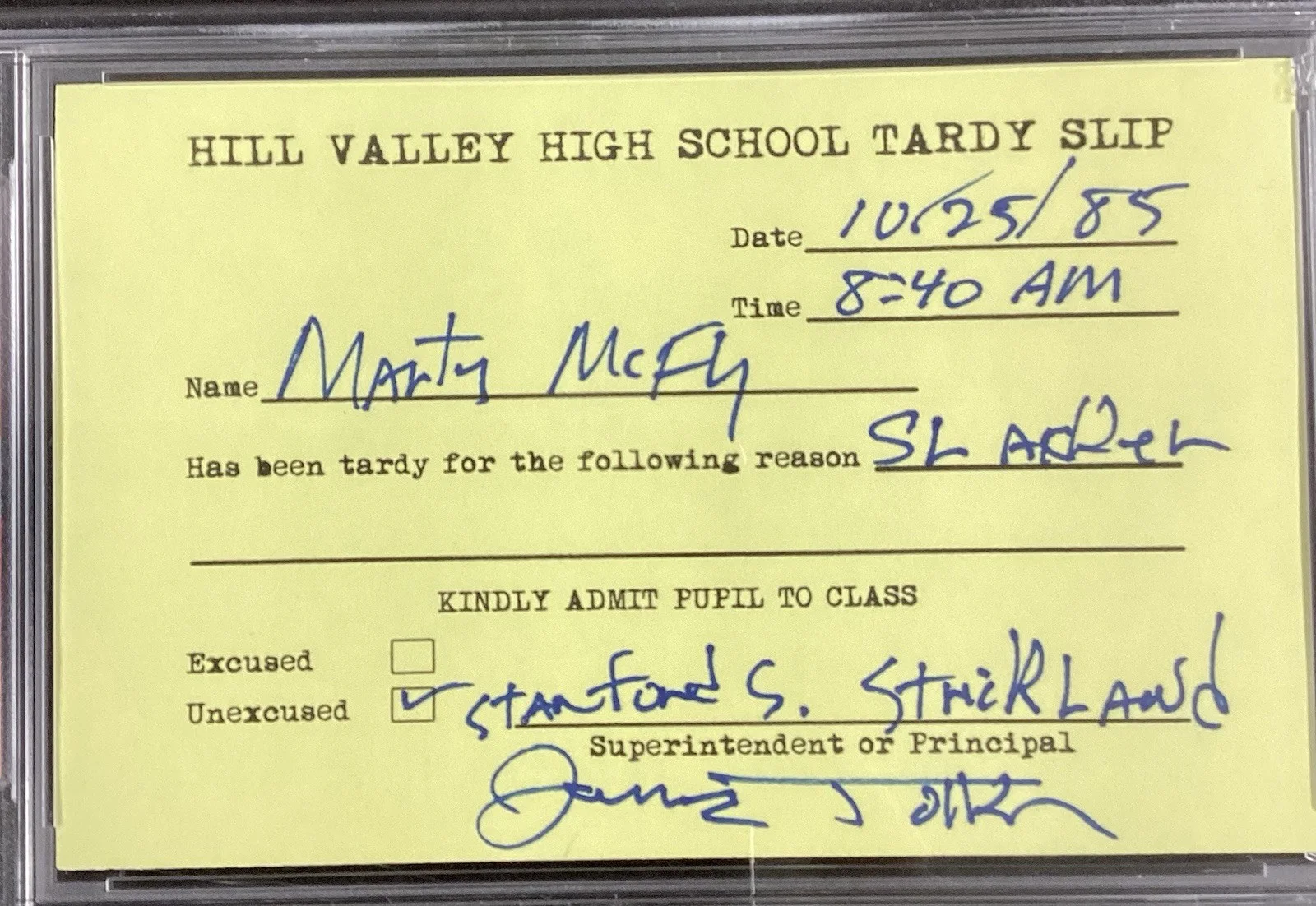 James Tolkan — James Tolkan Signed Tardy Slip Back To The Future ALL FILLED OUT Auto PSA/DNA #2, image 2