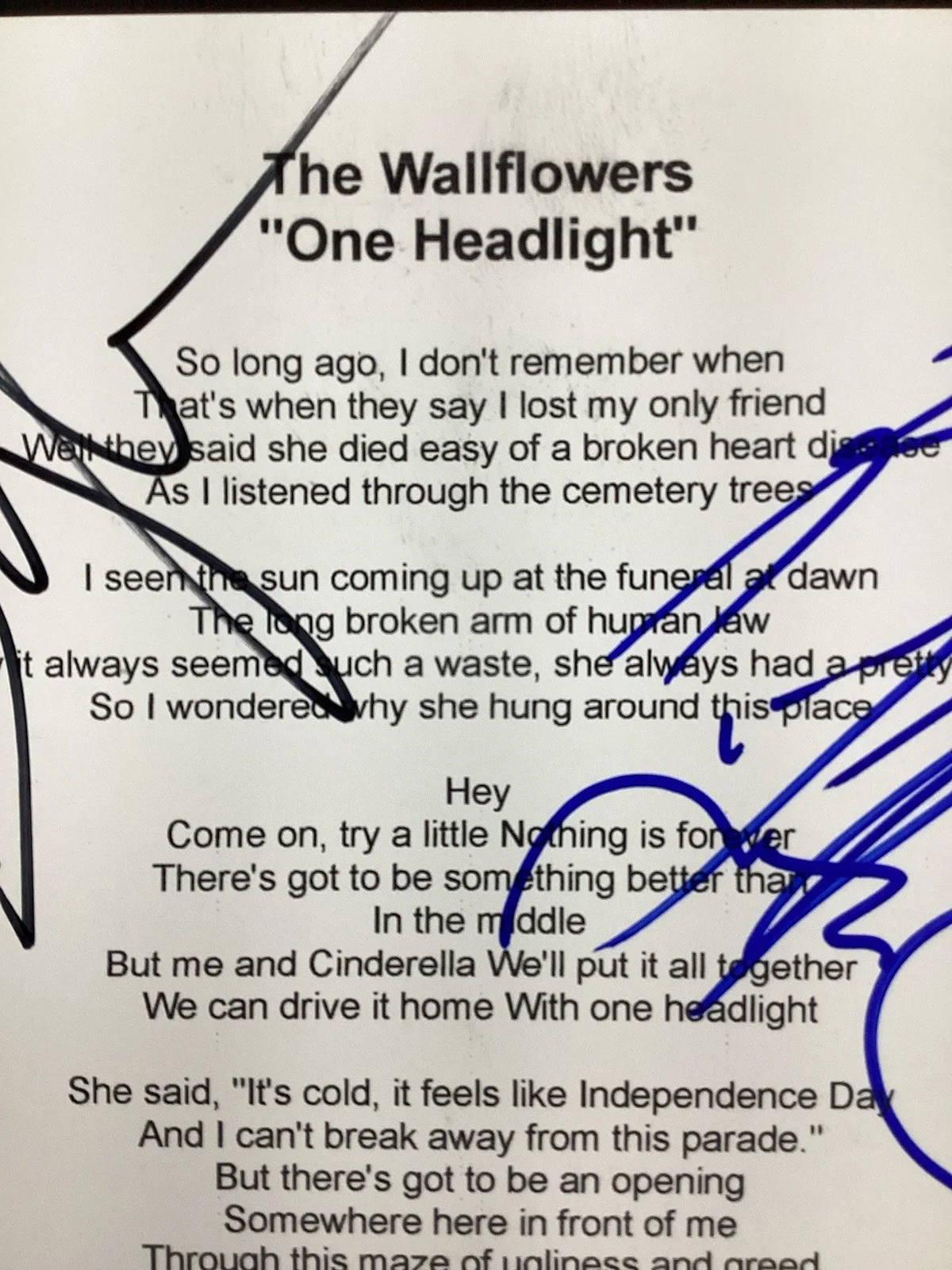 The Wallflowers Signed Lyrics Sheet One Headlight Jakob Dylan Pop Music Auto JSA, изображение 2