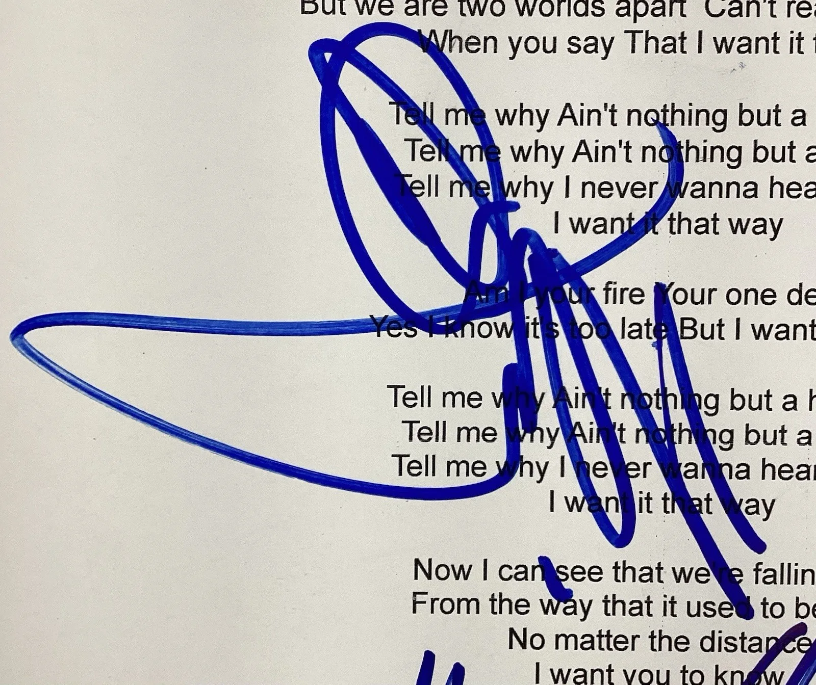 Backstreet Boys Signed Lyric Sheet I Want It That Way Pop Music Auto JSA, image 2