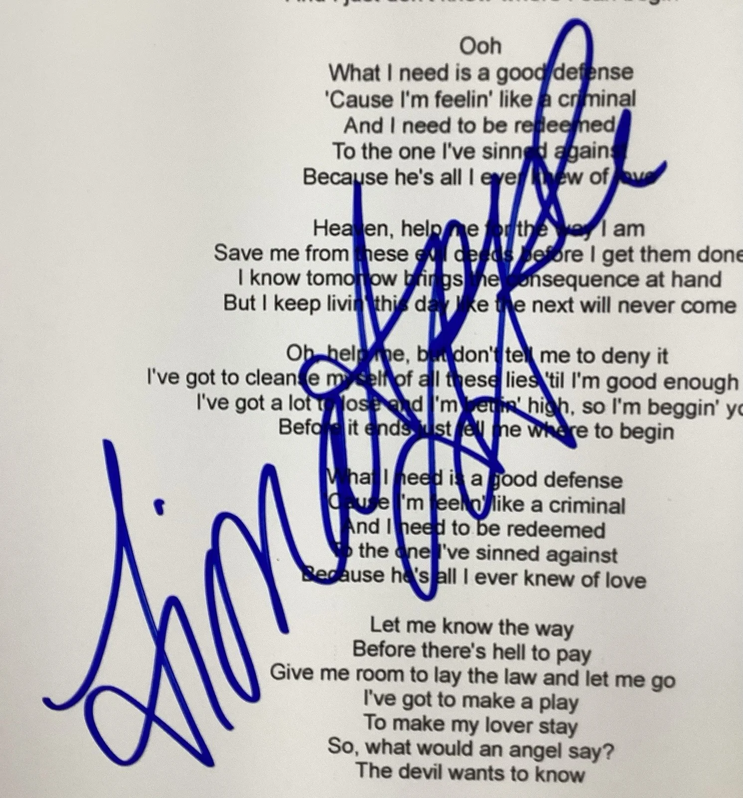 Fiona Apple Signed Lyrics Sheet Criminal Pop Music Autograph JSA, image 2
