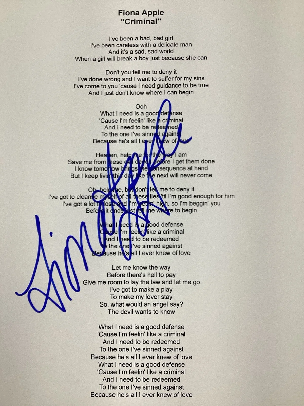 Fiona Apple Signed Lyrics Sheet Criminal Pop Music Autograph JSA, image 3